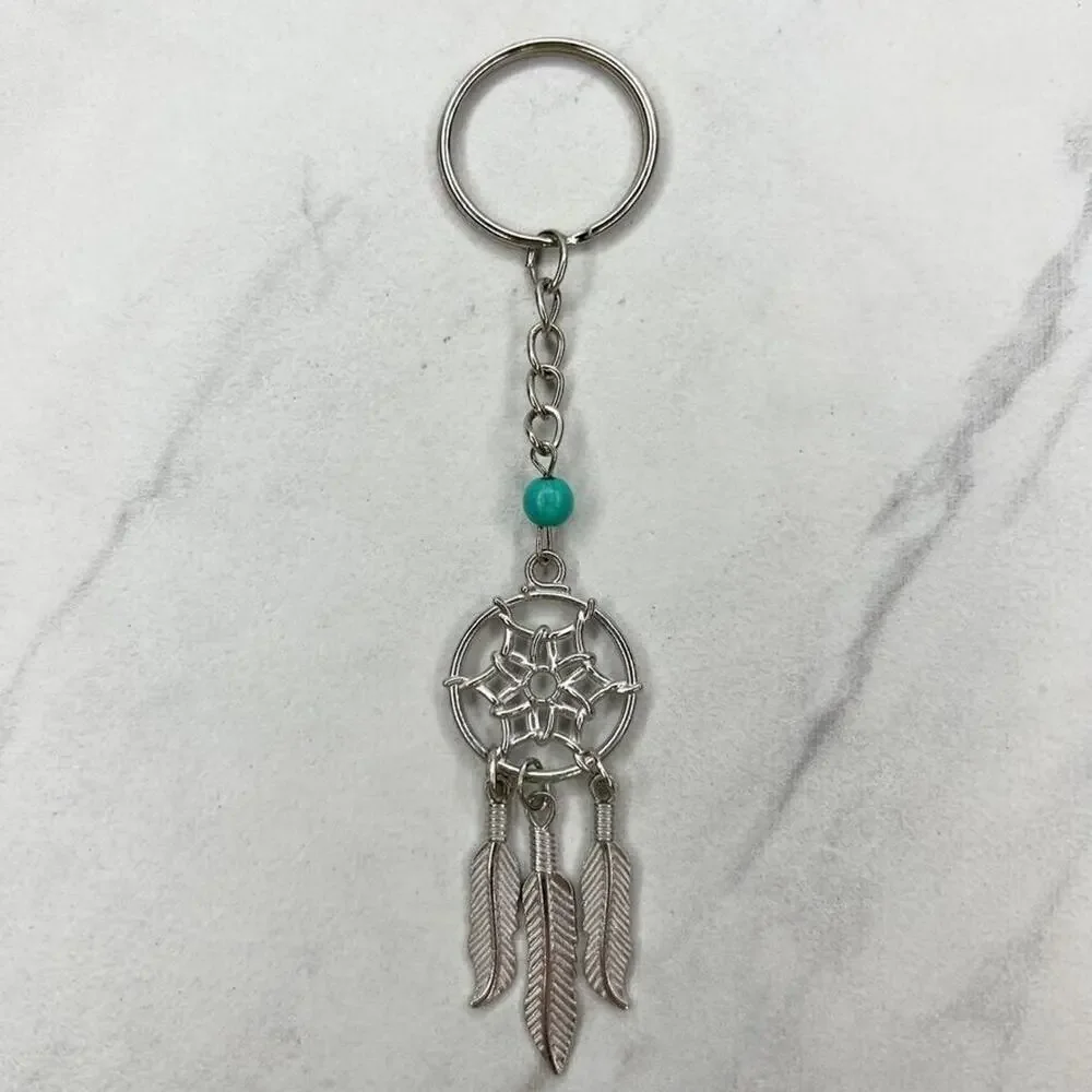 Silver Tone Faux Turquoise Beaded Dreamcatcher Keychain Keyring